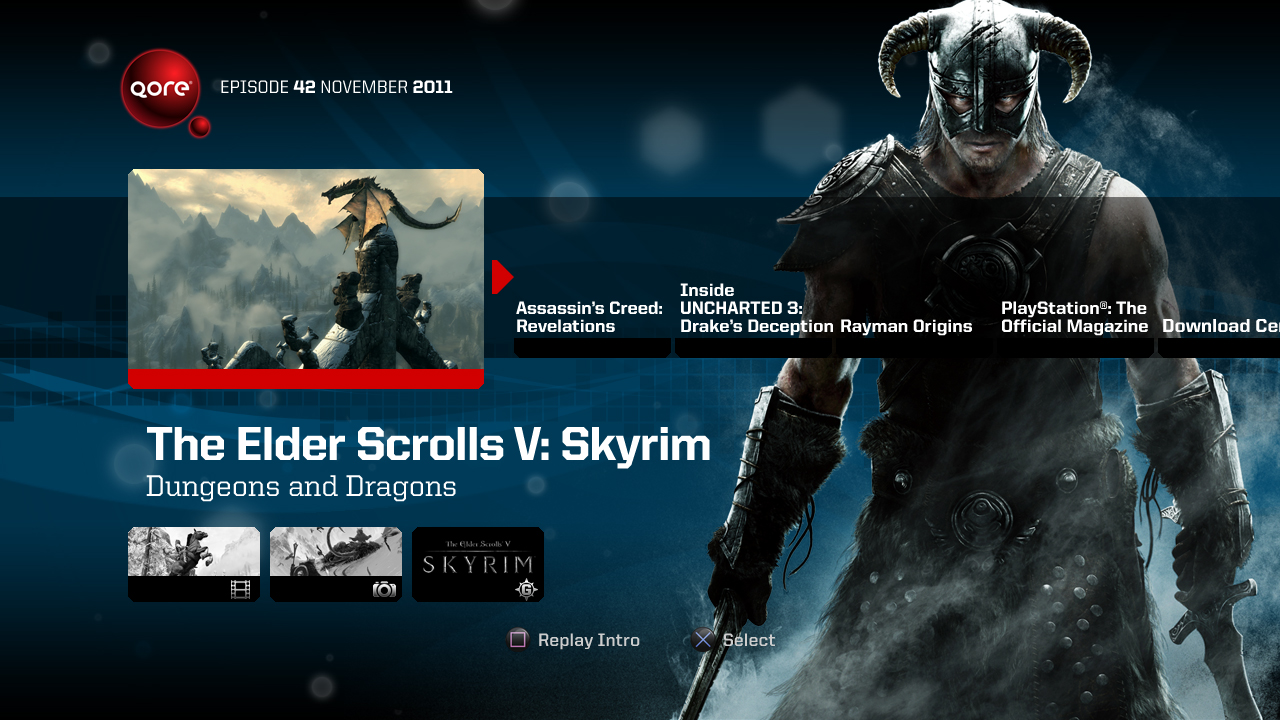 Qore PlayStation Network menu featuring a Skyrim feature story